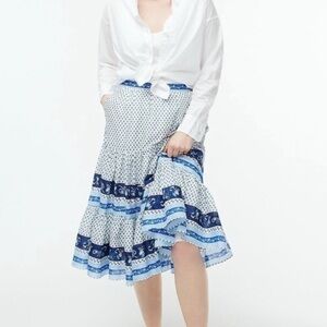 J. Crew Tiered Skirt In Blue Ribbon Block Print Size Medium Cotton Boho Floral